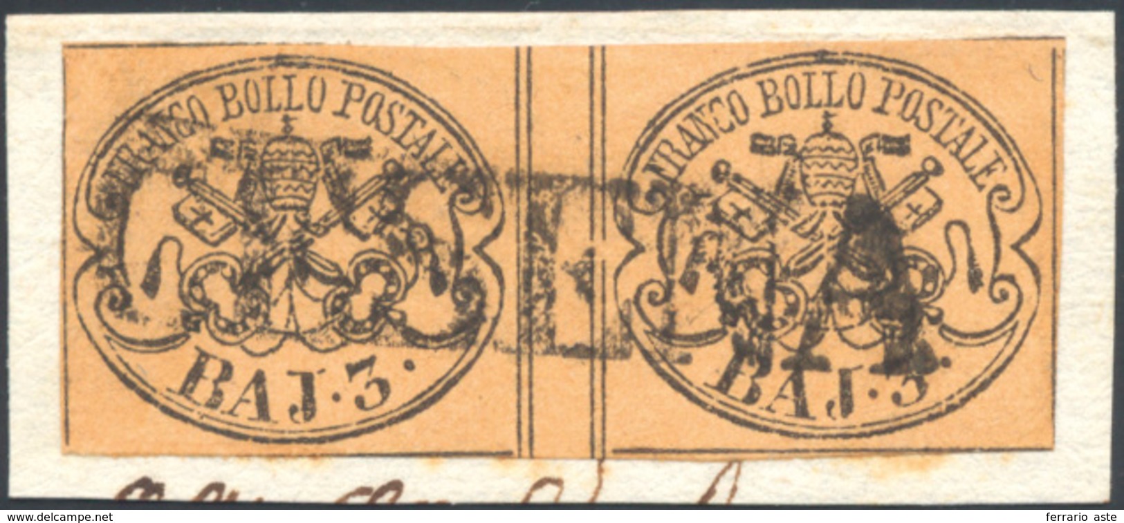 1852 - 3 Baj Bistro Arancio (4), Coppia Orizzontale Con Interspazio Di Gruppo, Perfetta, Usata Su Pi... - Papal States