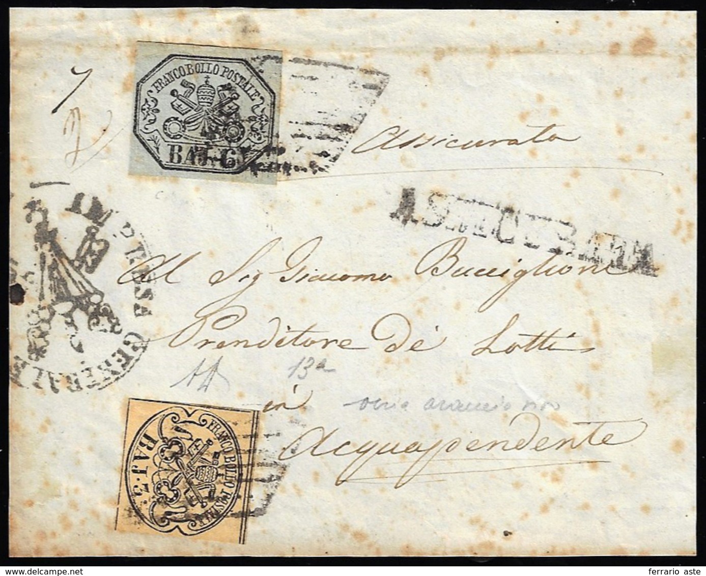 1858 - 3 Baj Giallo Paglia, 6 Baj Grigio Verdastro (4d,7), Perfetti, Su Frontespizio Di Lettera Assi... - Papal States