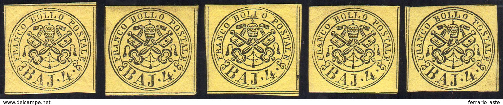 1864 - 4 Baj Giallo (5A), 5 Esemplari, Gomma Originale, Integra, Per Un Francobollo, Perfetti Ad Ecc... - Papal States