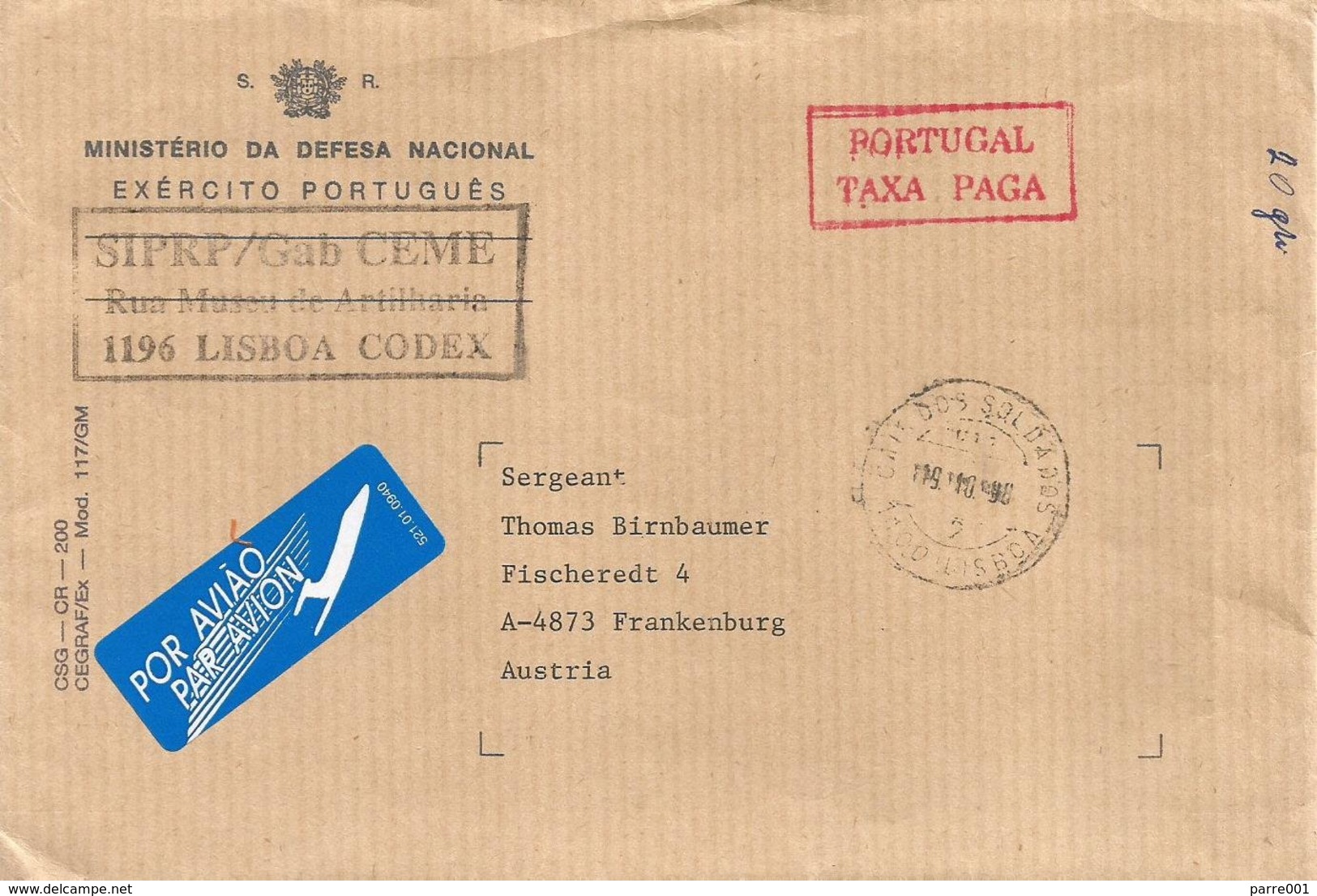 Portugal 1998 Cais Dos Soldados Lisboa Ministerio De Defesa Taxa Paga Cover To Austria - Briefe U. Dokumente