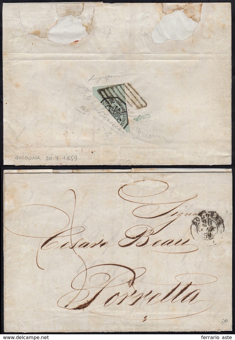1859 - 6 Baj Grigio Verdastro (7), Frazionato Diagonalmente A Metà, Bordo Di Foglio, Al Verso Di Let... - Romagne