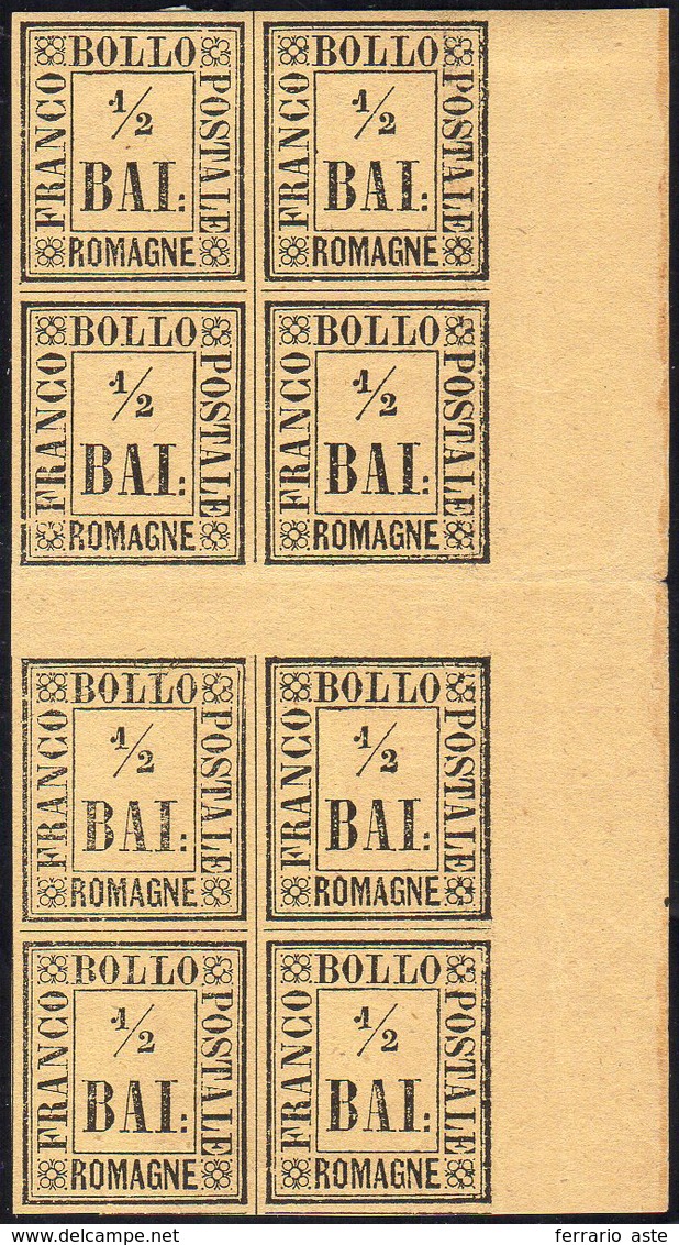 1859 - 1/2 Baj Giallo Paglia (1), Blocco Di Otto Con Interspazio Al Centro, Bordo Di Foglio, Gomma O... - Romagna