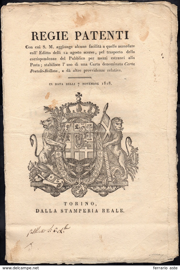 1818 - Manifesto Camerale In Italiano Del 7/11/1818 Che Preannuncia L'emissione Dei Cavallini, Prima... - Sardinia