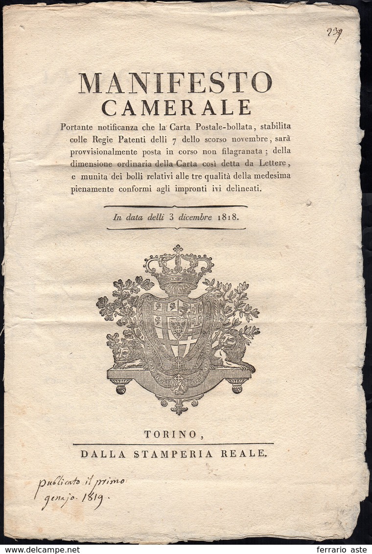 1818 - Manifesto Camerale In Italiano Del 3/12/1819 Che Riproduce La Prima Emissione Dei Cavallini, ... - Sardinia
