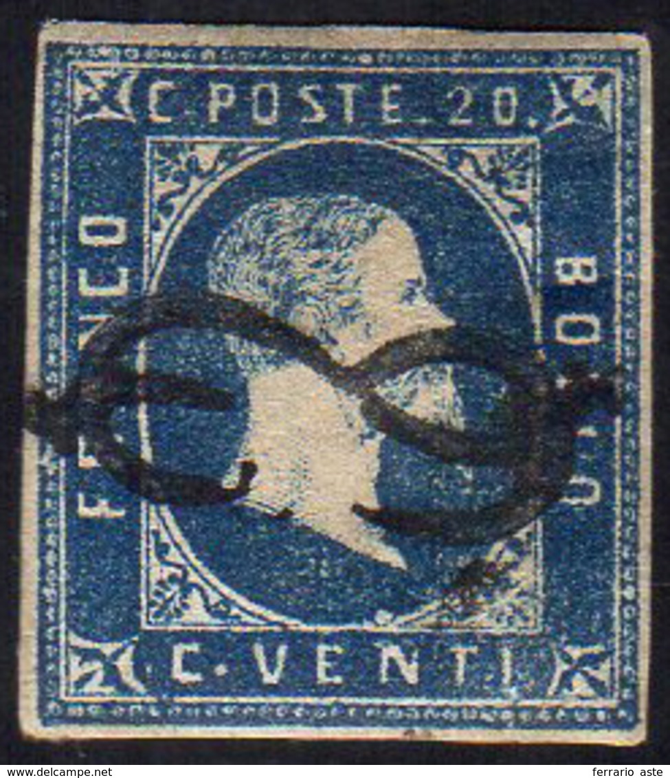 1851 - 20 Cent. Azzurro, I Tiratura (2a), Perfetto, Usato Con Il Bollo "nodo Di Savoia". A.Diena.... - Sardinia