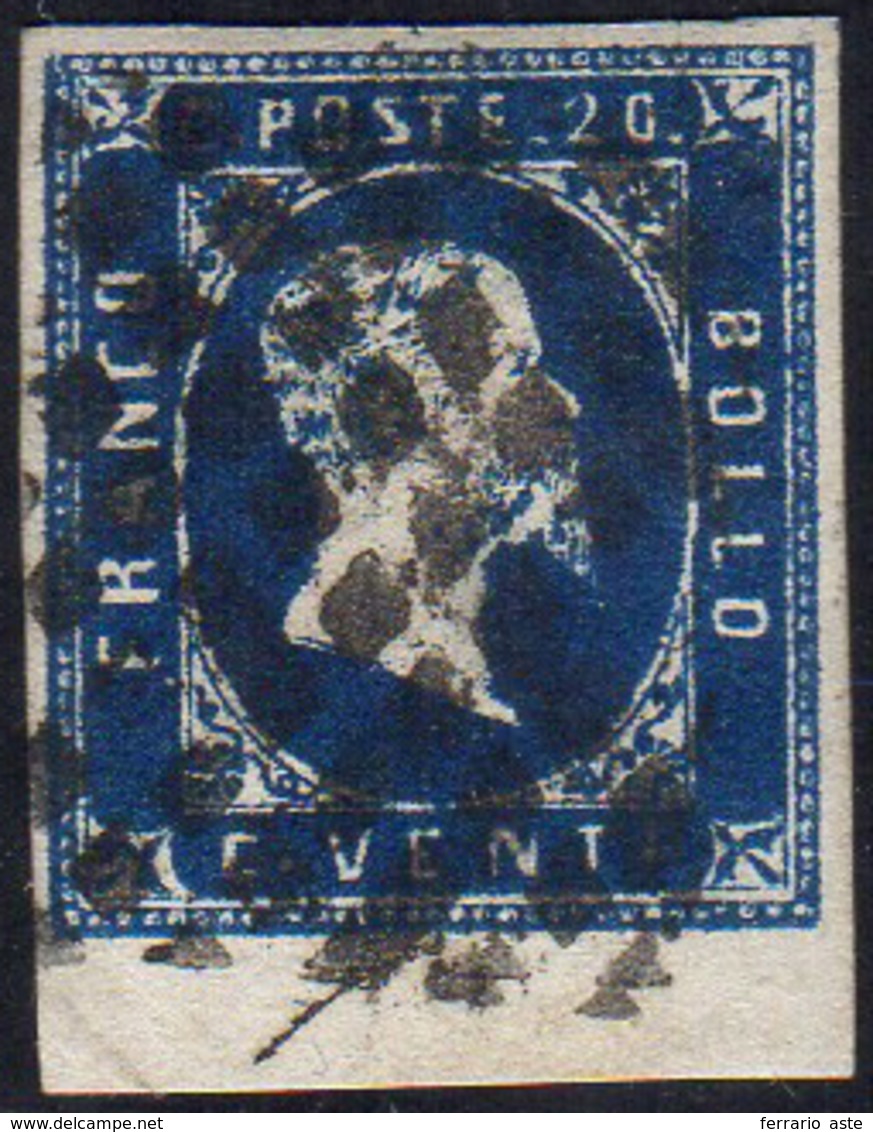 1851 - 20 Cent. Azzurro Scuro (2b), Bordo Di Foglio, Usato, Perfetto. Bello! G.Oliva.... - Sardinia