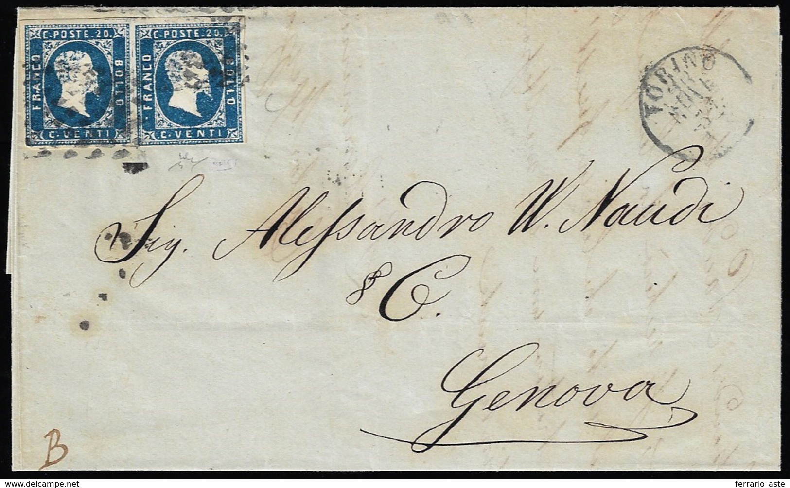 1852 - 20 Cent. Azzurro Vivo (2d), Coppia, Ottimo Stato, Su Lettera Da Torino 25/11/1852 A Genova. C... - Sardinia