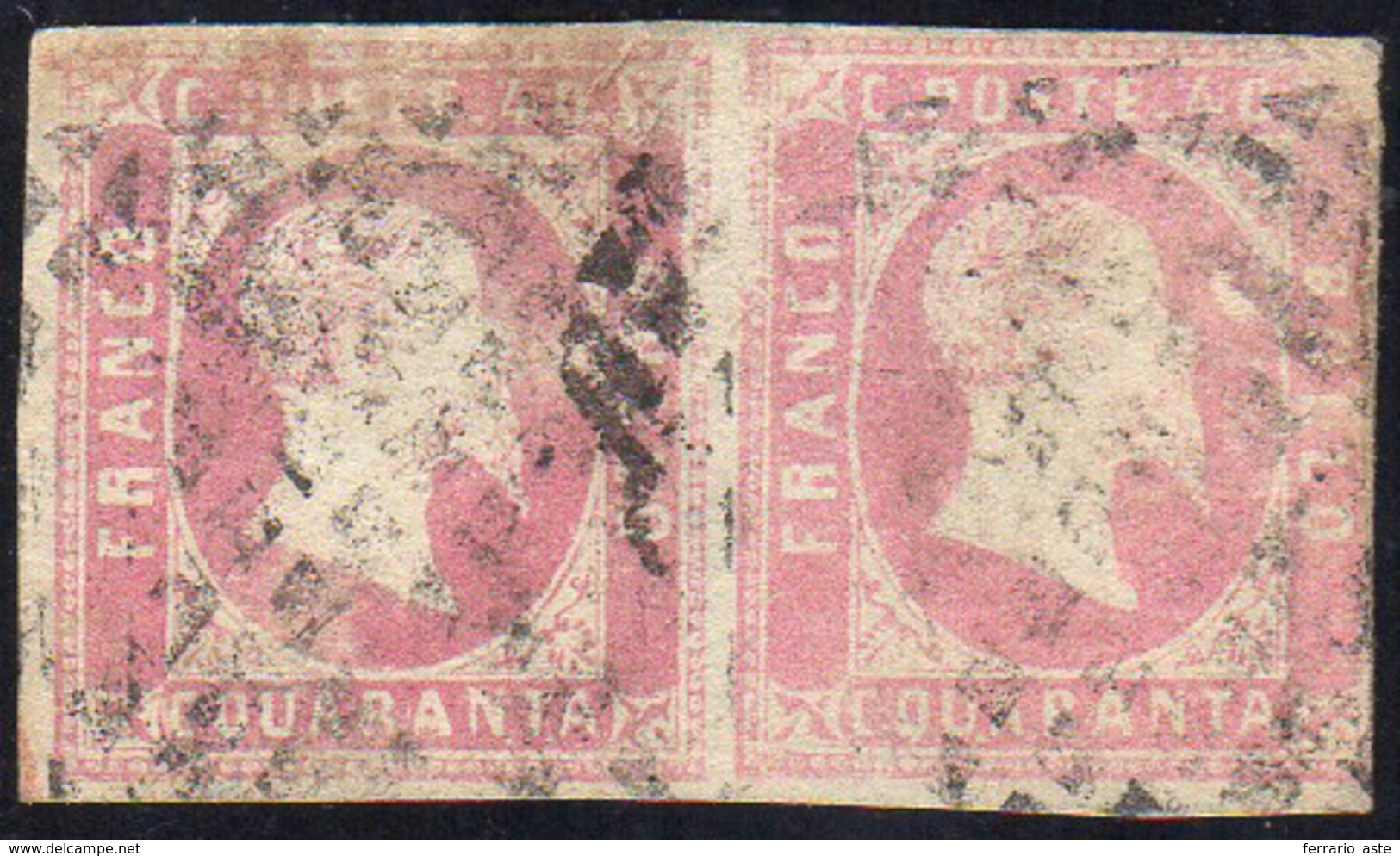 1852 - 40 Cent. Rosa (3), Coppia, Usata, Difettosa. Rara, Occasione.... - Sardinia