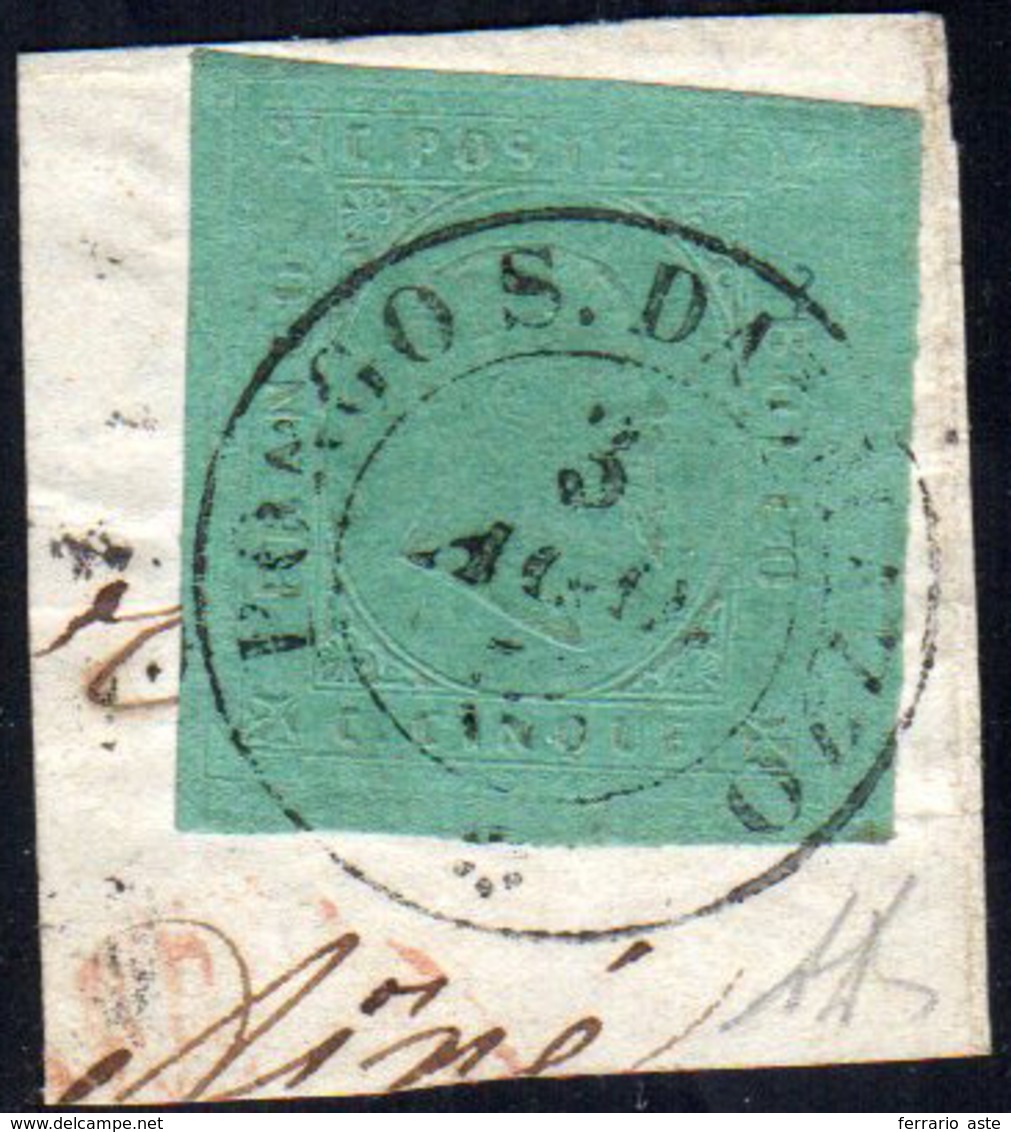 1853 - 5 Cent. Verde (4), Perfetto E Ben Marginato, Usato Su Piccolo Frammento A Borgo San Dalmazzo ... - Sardinia