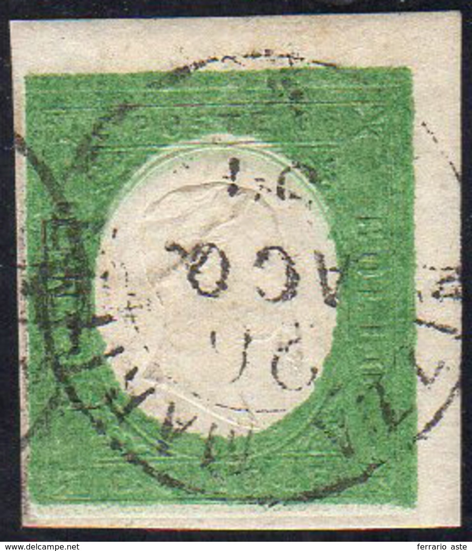 1854 - 5 Cent. Verde Giallo (7), Angolo Di Foglio, Usato, Perfetto. Bellissimo! Ferrario.... - Sardinia