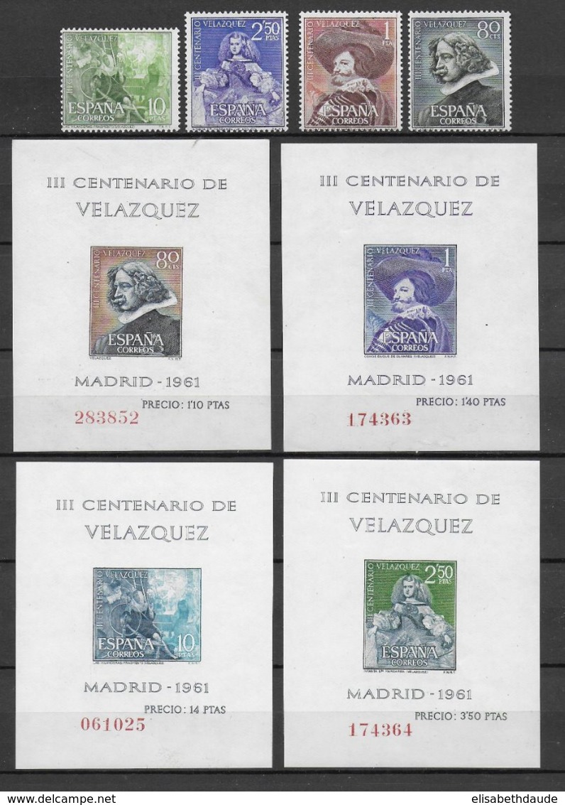 ESPAGNE - 1961 - VELAZQUEZ - YVERT 1017/1020 + BLOCS 21/24 ** MNH - COTE = 65 EUR. - Blocchi & Foglietti