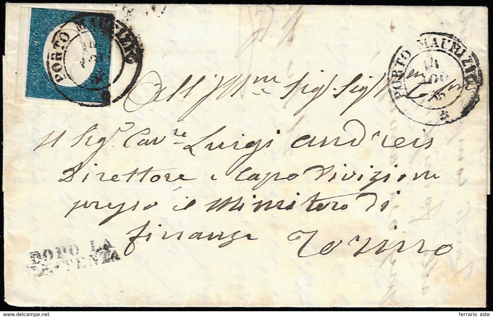 1855 - 20 Cent. Azzurro (8), Bordo Di Foglio, Perfetto, Su Lettera Da Porto Maurizio 14/8/1855, Boll... - Sardinia