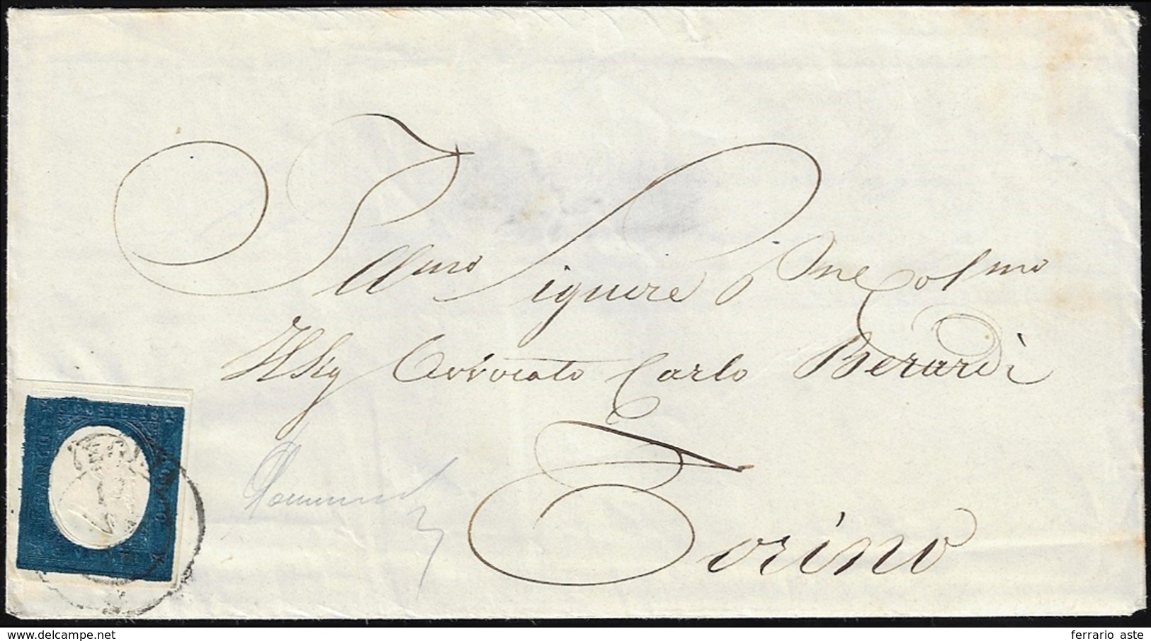 1855 - 20 Cent. Indaco, Doppia Impronta A Secco, (8ce), Perfetto, Su Busta Da Oneglia, 17/7/1855 A T... - Sardinia