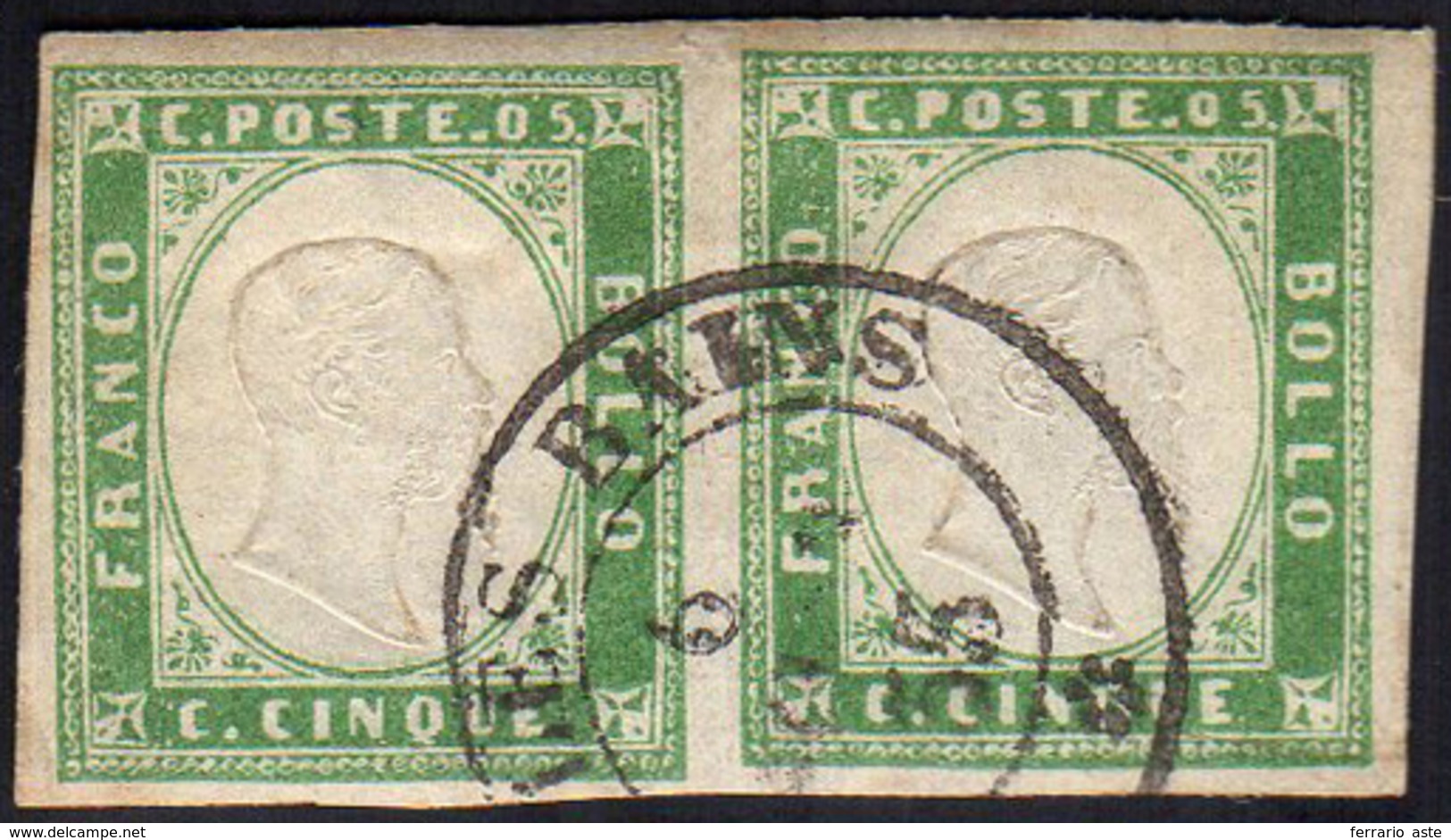1855 - 5 Cent. Verde Pisello (13c), Coppia Orizzontale, Perfetta, Usata Ad Aix Les Bains 6/8/1855. R... - Sardinia