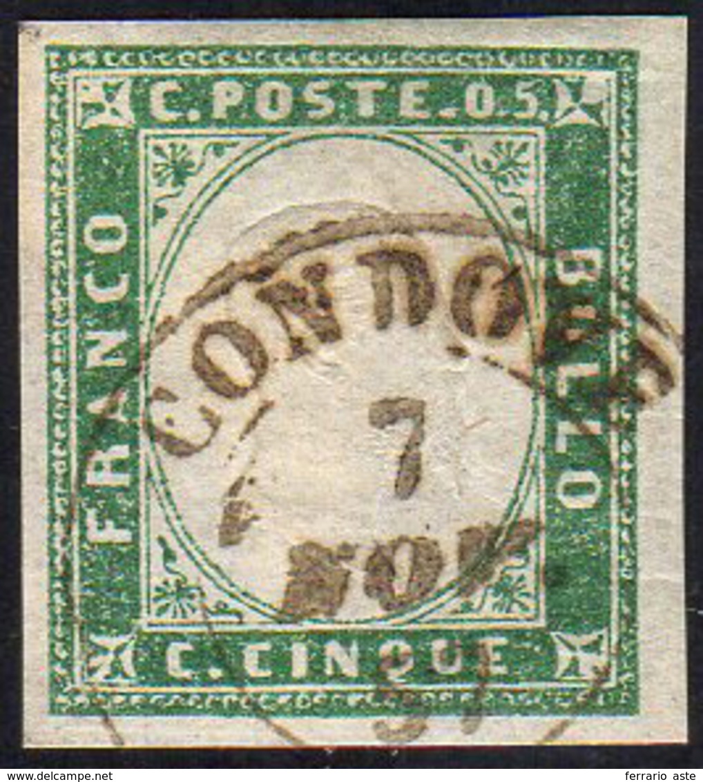 1855 - 5 Cent. Verde Smeraldo (13d), Perfetto, Usato A Condove 7/11/1857, Punti 7. G.Bolaffi.... - Sardinia