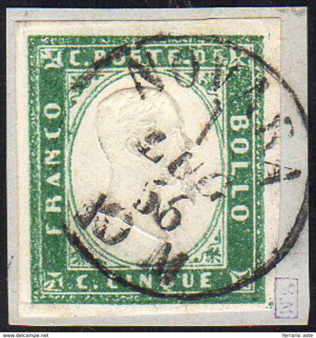 1855 - 5 Cent. Verde Smeraldo Scuro (13f), Perfetto, Usato Su Piccolo Frammento A Novara 1/7/1856. B... - Sardinia