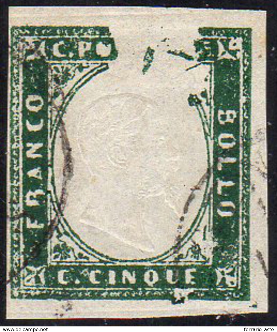 1857 - 5 Cent. Verde Mirto (13A), Eccezionale Falla Di Stampa, Perfetto, Usato. Splendida Varietà! G... - Sardinia