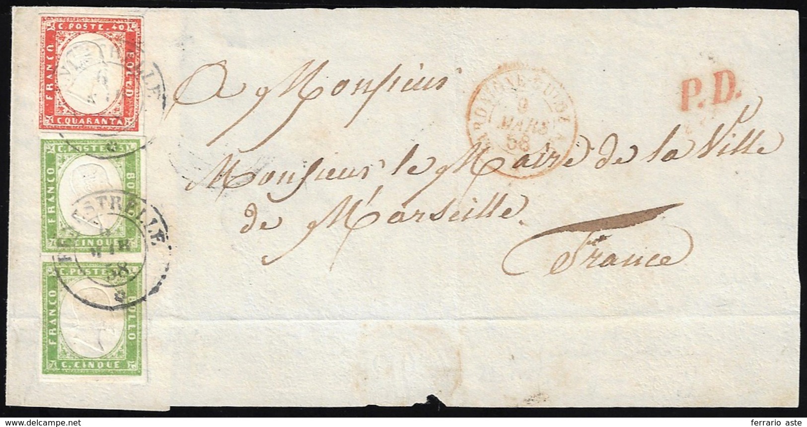 1858 - 5 Cent. Verde Giallo, Coppia, Un Esemplare Applicato A Cavallo, 40 Cent. Rosso Scarlatto, Per... - Sardinia