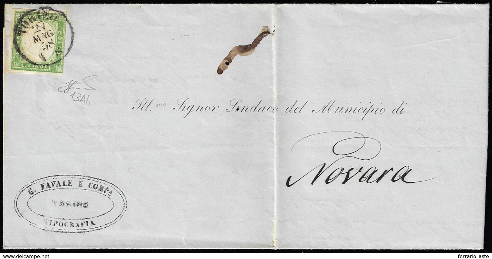 1858 - 5 Cent. Verde Giallo, Stampa Difettosa (13Ah), Giusto A Destra, Isolato Su Circolare Da Torin... - Sardinia