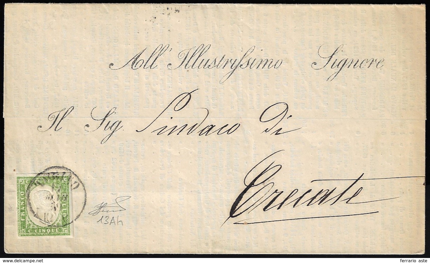 1859 - 5 Cent. Verde Giallo, Stampa Difettosa (13Ah), Perfetto, Isolato Su Circolare Da Torino 17/3/... - Sardinia