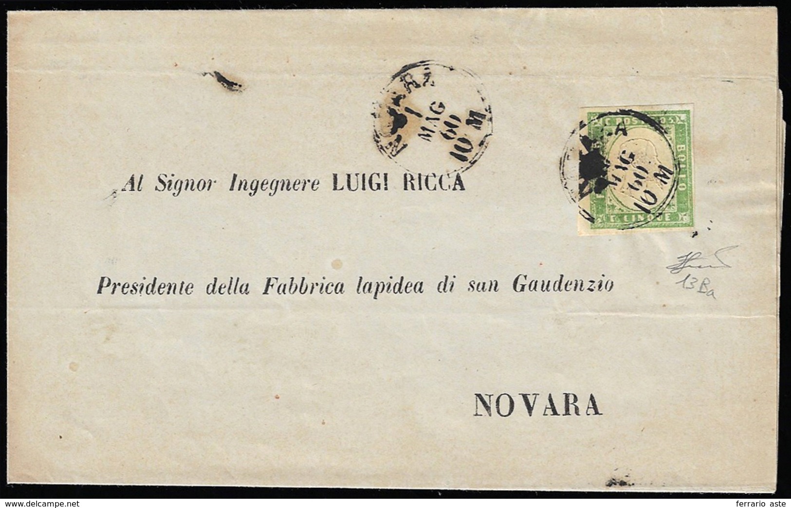 1860 - 5 Cent. Verde Giallo (13Ba), Perfetto, Isolato Su Circolare Da Novara 1/6/1860 Per Città. Fer... - Sardinia