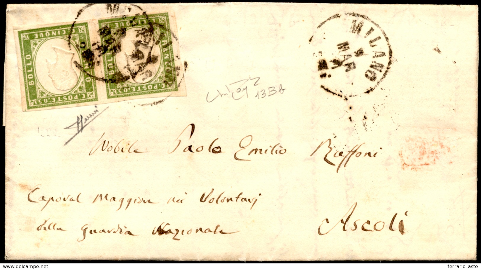 1861 - 5 Cent. Verde Oliva Chiaro (13Bb), Coppia Perfetta Su Lettera Da Milano 9/3/1861 Per Ascoli, ... - Sardinia