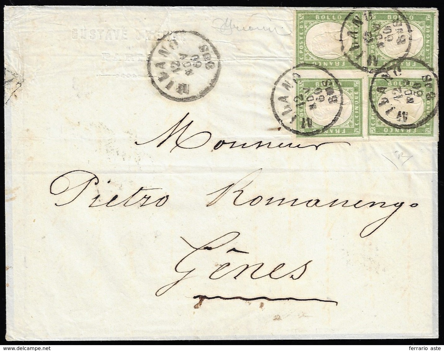 1860 - 5 Cent. Verde Oliva (13Bc), Blocco Di Quattro, Ottimo Stato, Su Busta Da Milano 12/11/1860 A ... - Sardinia