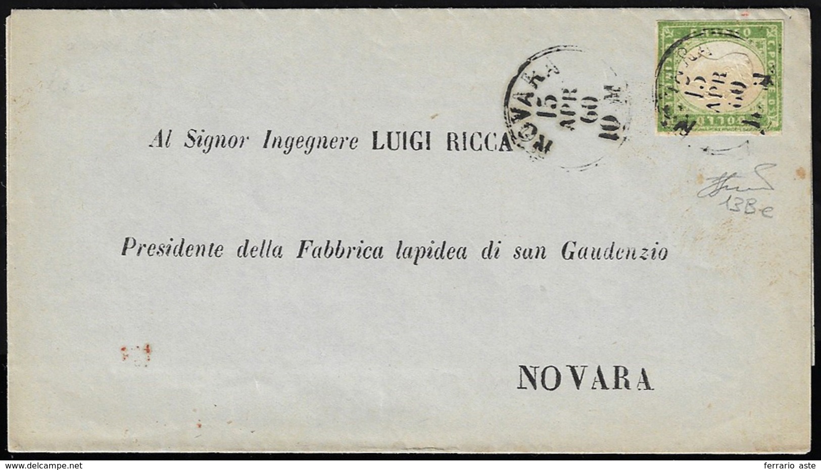 1860 - 5 Cent. Verde Giallo (13Be), Giusto In Alto A Destra, Isolato Su Circolare Da Novara 15/4/186... - Sardinia