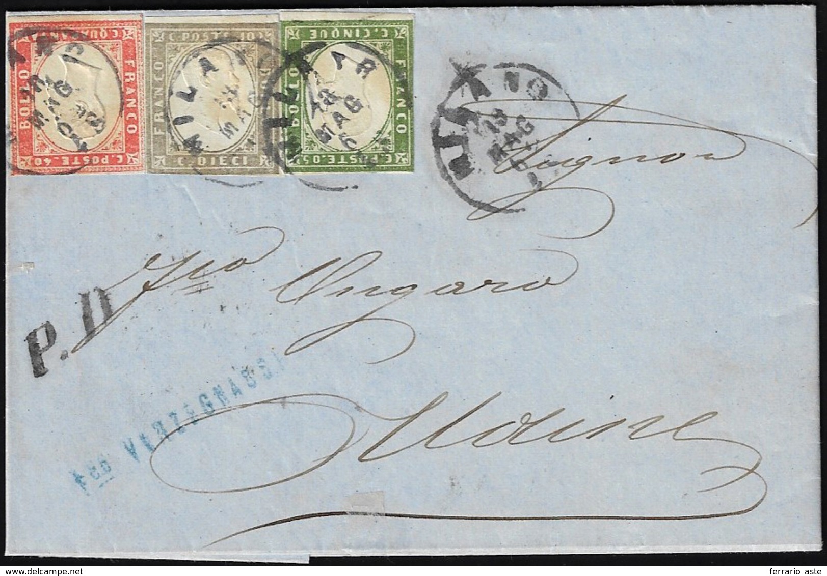 1862 - 5 Cent. Verde Oliva Giallastro, 10 Cent. Grigio Olivastro Scuro, 40 Cent. Rosso (13Cc,14Ca,16... - Sardinia