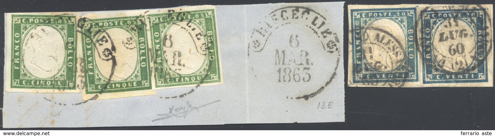 1860/63 - 5 Cent., Un Frammento Con Tre Esemplari Con Differenti Tonalità Di Colore Usato A Biscegli... - Sardinia