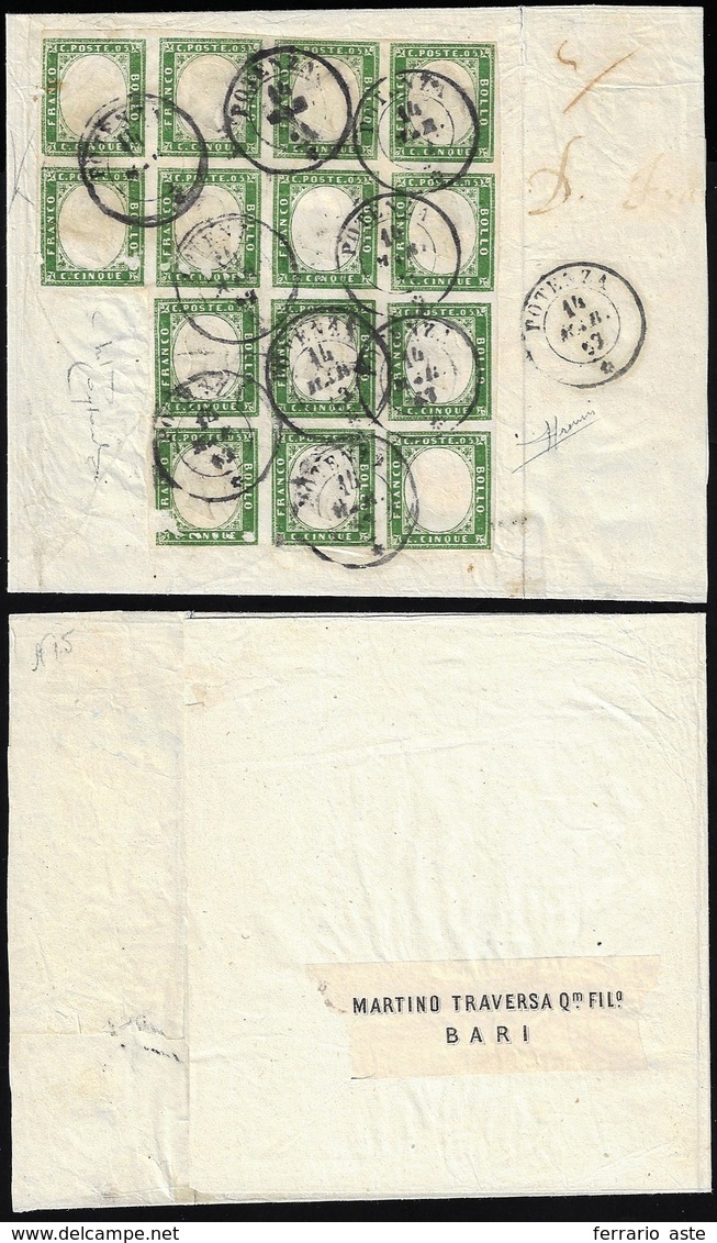 1863 - 5 Cent. Verde Cupo (13E), Blocco Di Quattordici Esemplari, Alcuni Difetti, Su Fascetta Da Pot... - Sardinia