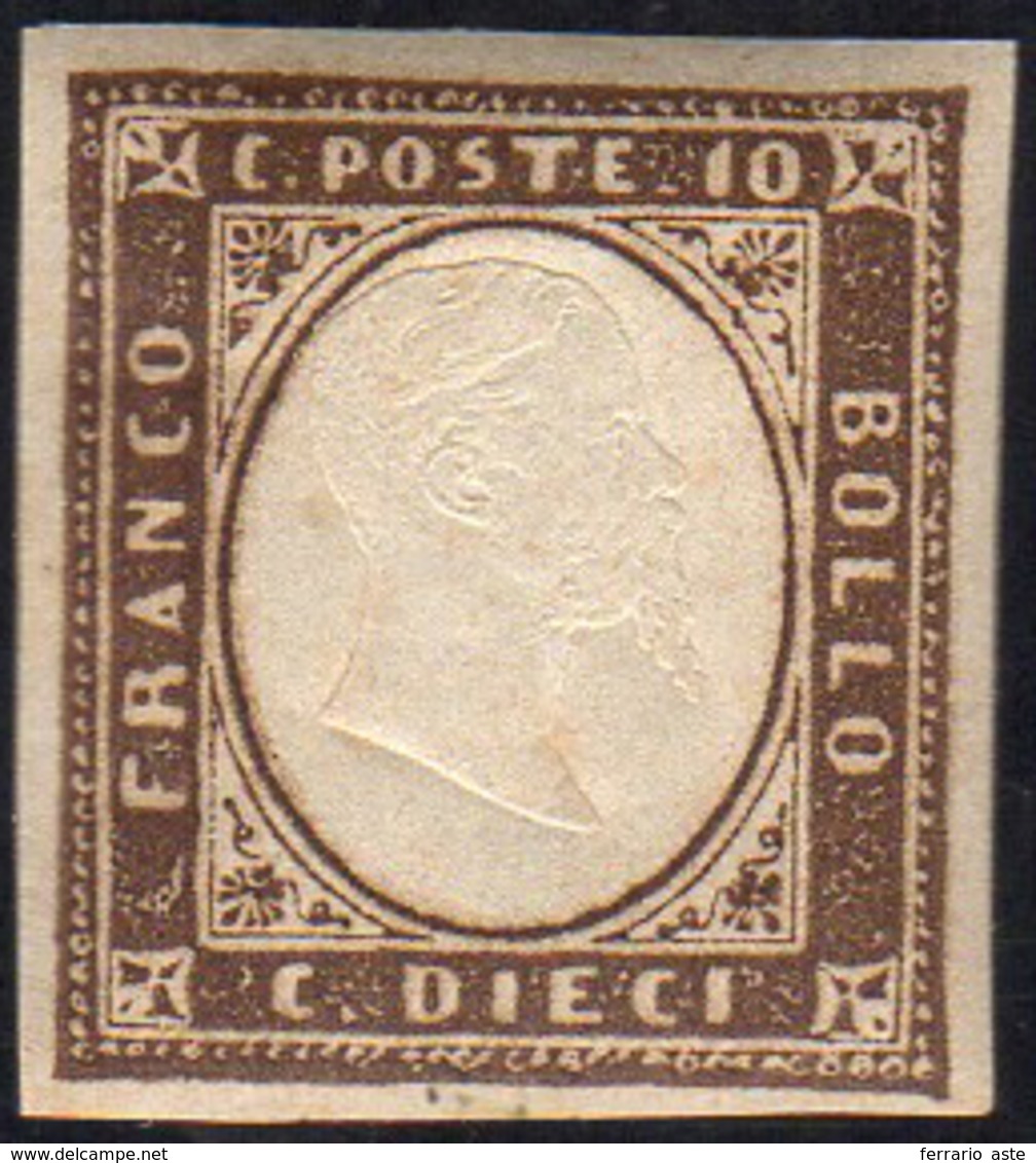 1858 - 10 Cent. Terra D'ombra (14), Gomma Integra, Perfetto. G.Bolaffi, Ferrario, Fotocopia Cert. Di... - Sardinia