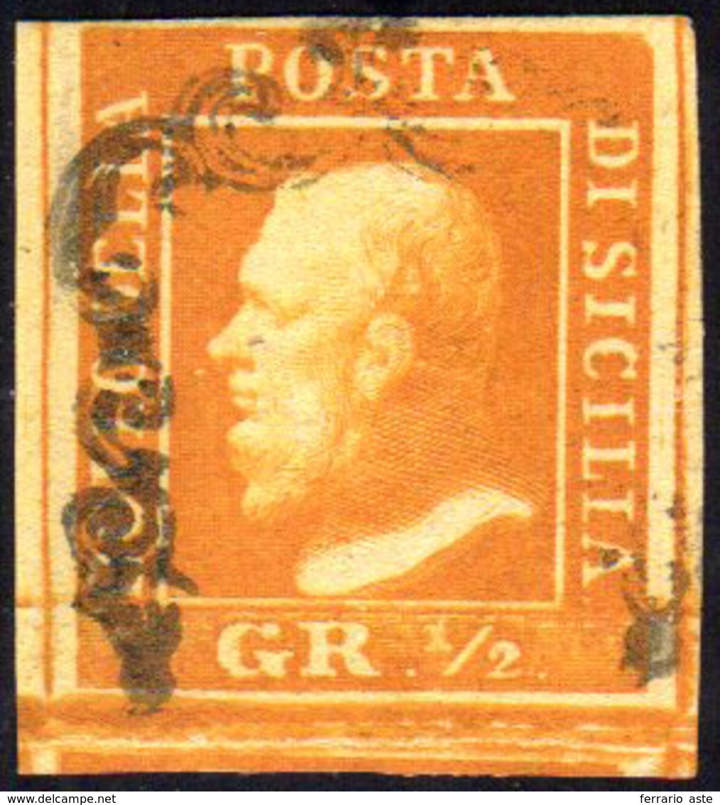 1859 - 1/2 Grano Arancio Scuro, I Tavola, Carta Di Napoli (1e), Pos. 94, Usato, Perfetto E Con Tre M... - Sicily