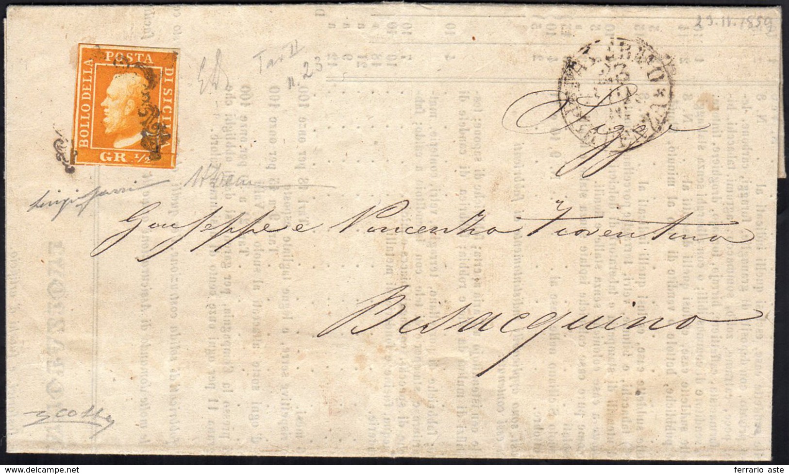 1859 - 1/2 Grano Arancio, II Tavola, Carta Di Napoli (2a), Perfetto, Isolato Su Circolare A Stampa D... - Sicilia