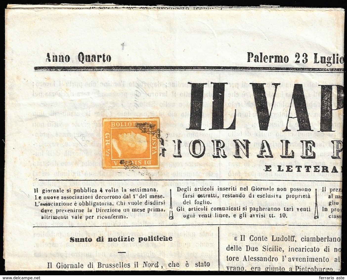 1859 - 1/2 Grano Arancio, II Tavola, Carta Di Napoli (2a), Perfetto, Isolato Su Giornale Completo "I... - Sicily