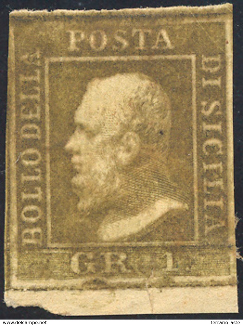 1859 - 1 Grano Bruno Oliva Chiaro, II Tavola, Carta Di Napoli (4c), Stampa Oleosa, Bordo Di Foglio I... - Sicily