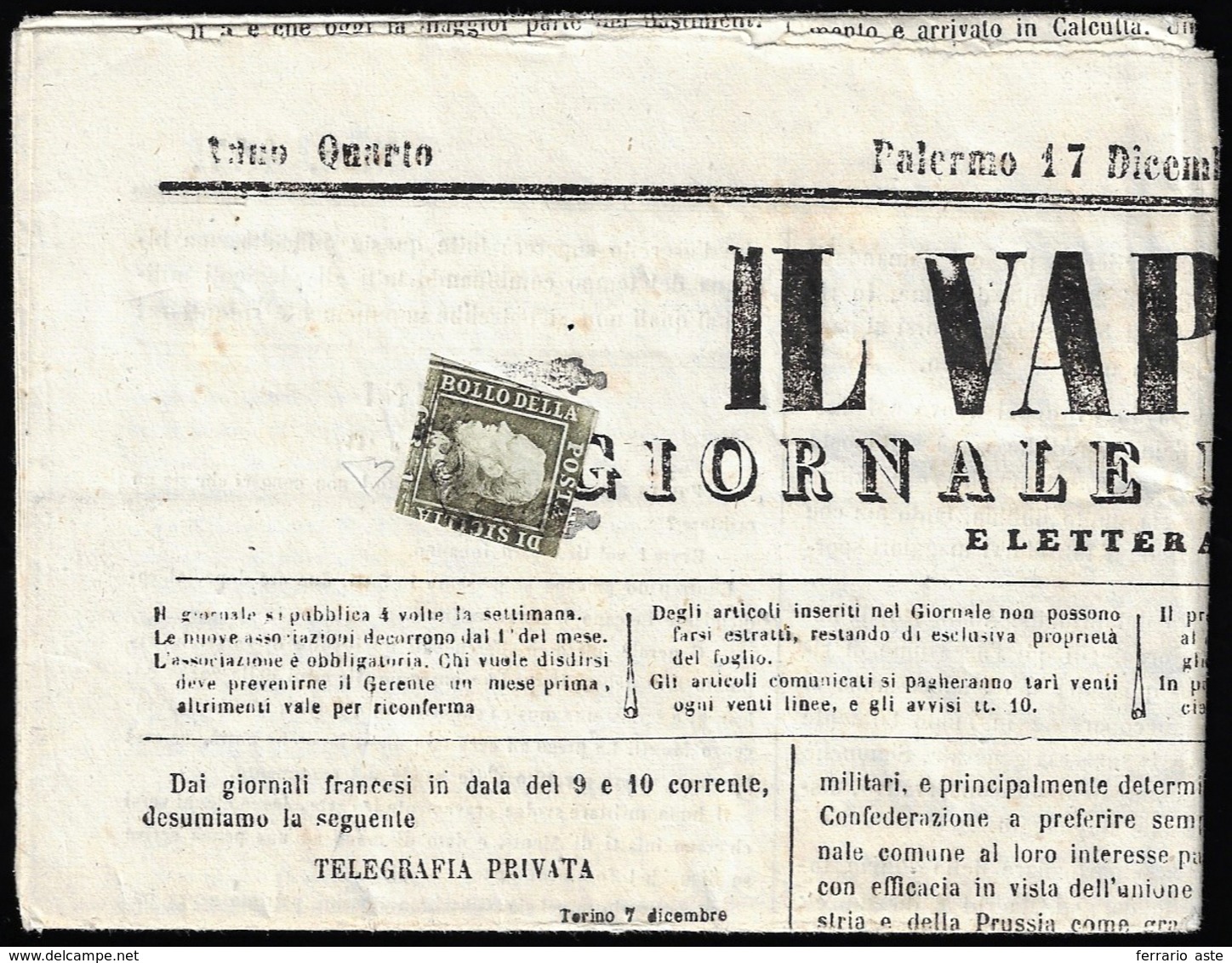 1859 - 1 Grano Verde Oliva, III Tavola (5d), Taglio "lilliput", Isolato Sul Giornale "Il Vapore" Di ... - Sicily