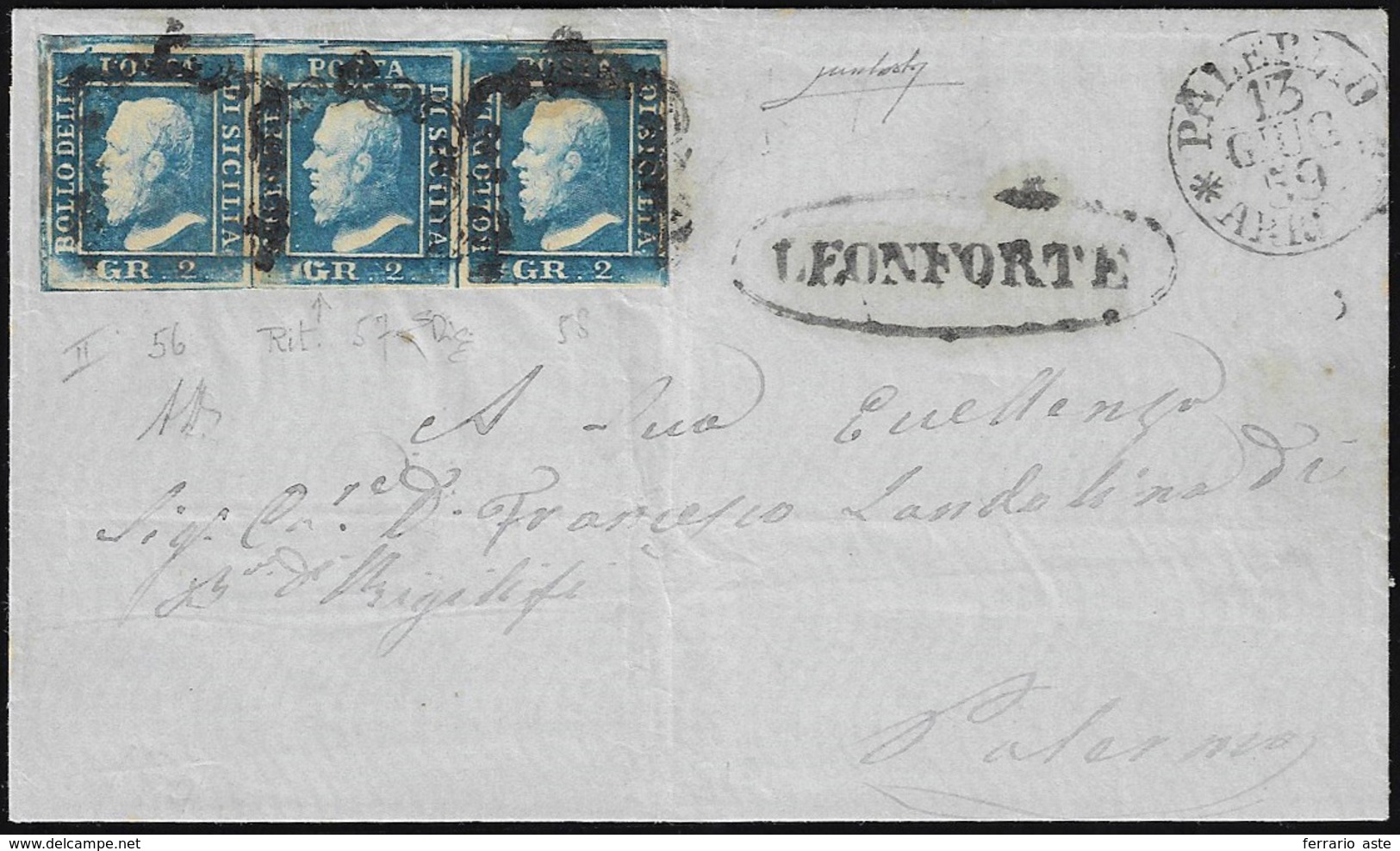 1859 - 2 Grana Cobalto, II Tavola, Carta Di Napoli (7b), Striscia Di Tre, Pos. 56-58 Con Ritocco N. ... - Sicily