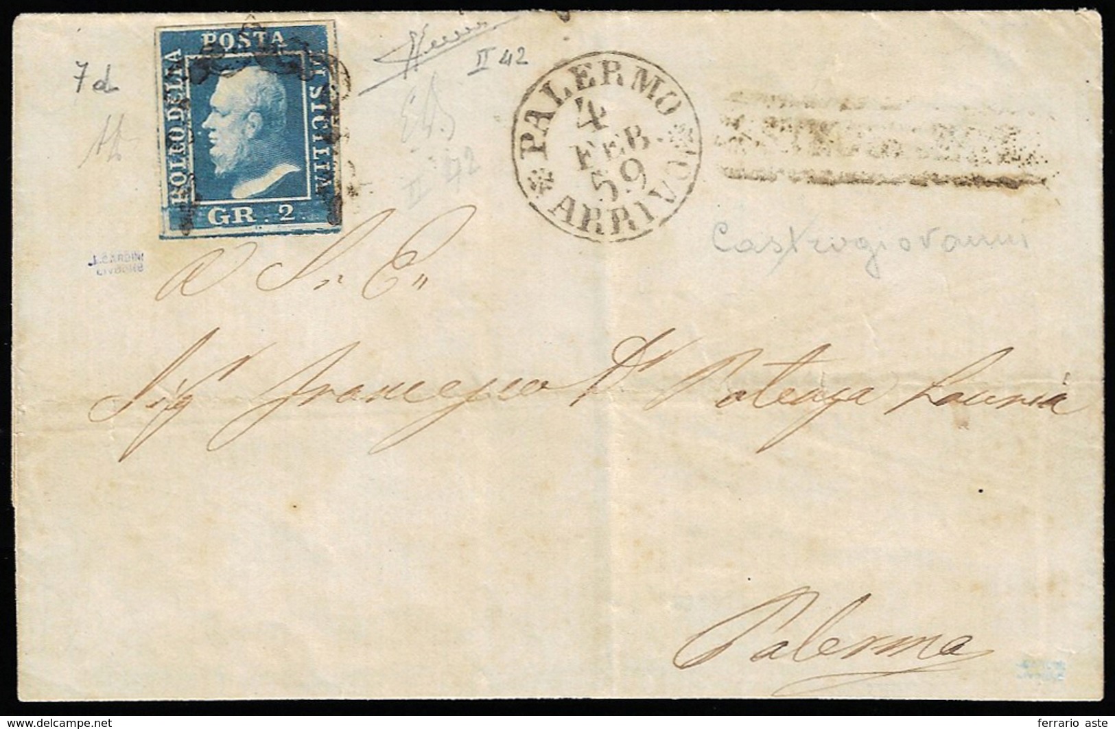 1859 - 2 Grana Azzurro Oltremare, II Tavola (7d), Pos. 42, Perfetto, Su Sovracoperta Di Lettera Da C... - Sicily