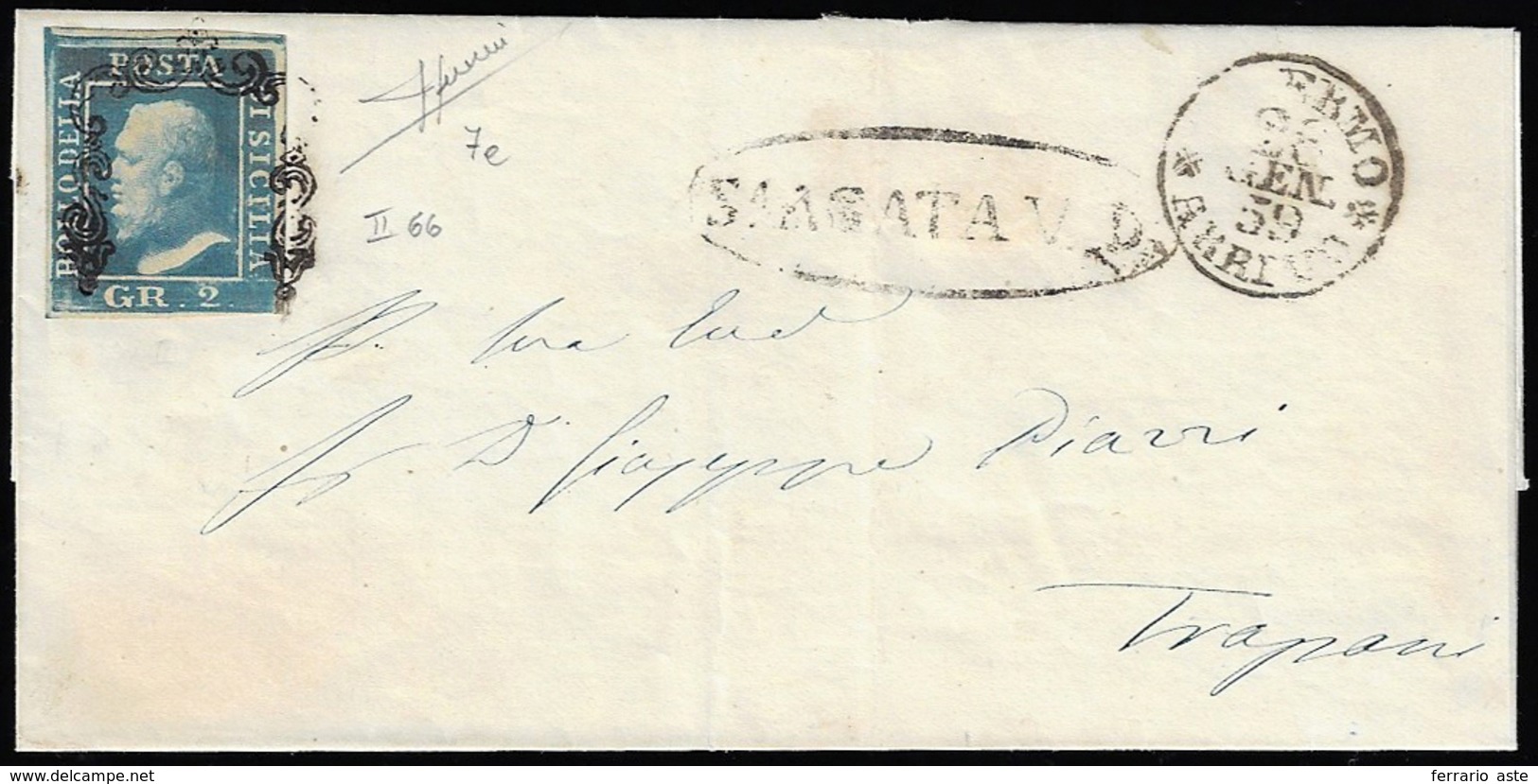 1859 - 2 Grana Azzurro Smorto, II Tavola, Pos. 66 (7e), Perfetto, Su Sovracoperta Di Lettera Da Sant... - Sicily