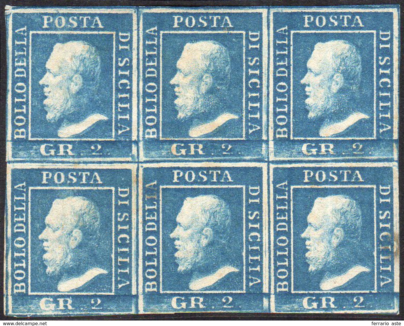 1859 - 2 Grana Azzurro Verdastro, III Tavola, Carta Di Napoli (8b), Eccezionale Blocco Di Sei, Ben M... - Sicily