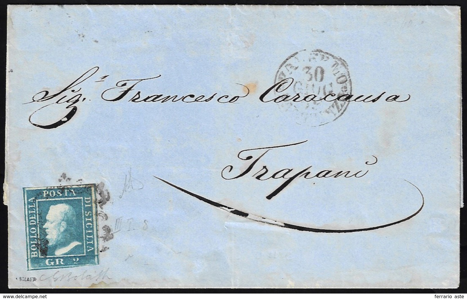 1859 - 2 Grana Azzurro Verdastro, III Tavola (8b), Perfetto, Su Lettera Da Palermo 30/6/1859 A Trapa... - Sicily