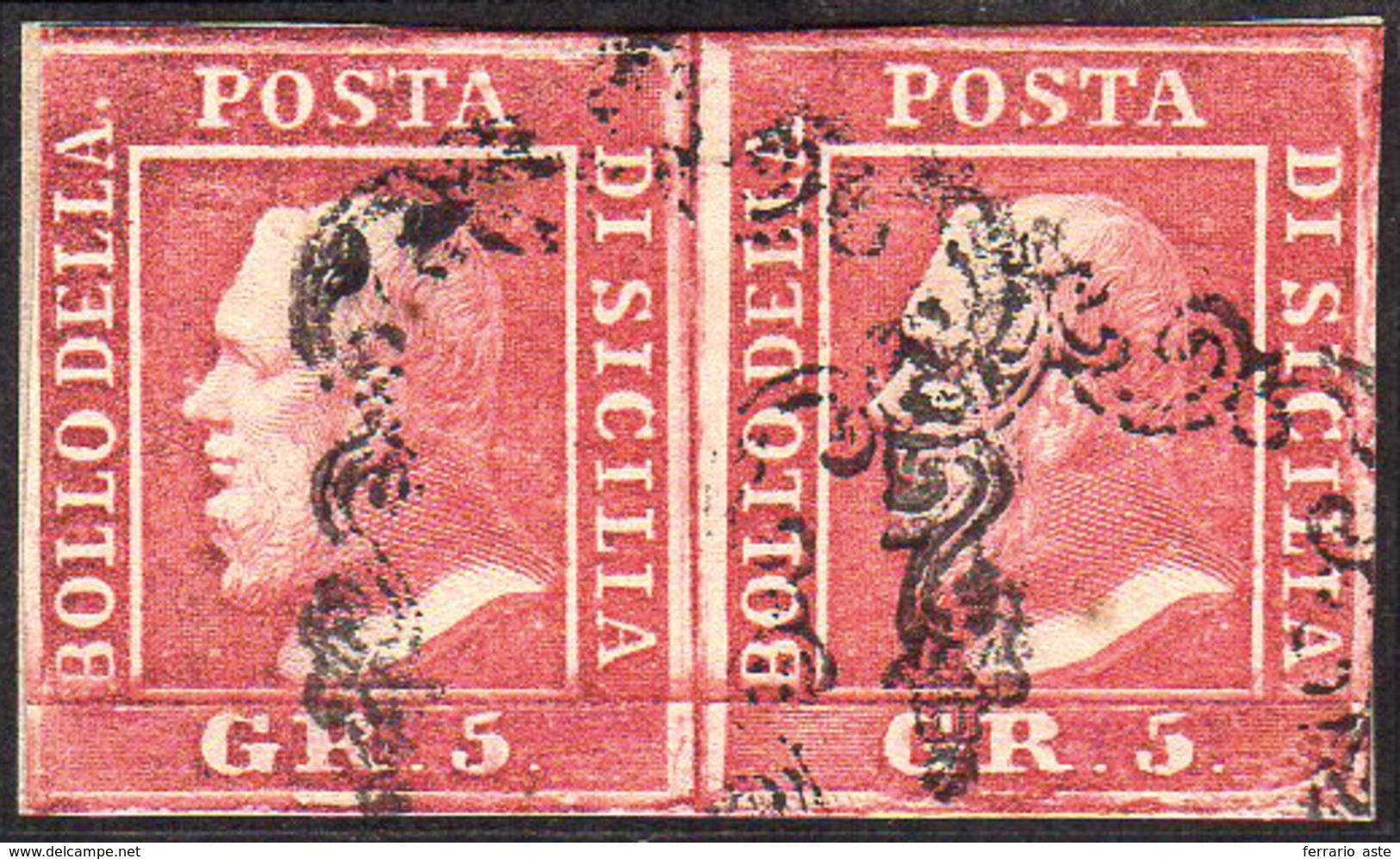 1859 - 5 Grana Rosa Carminio, I Tavola (9), Coppia Orizzontale, Usata, Perfetta. A.Diena, Cert. Coll... - Sicily