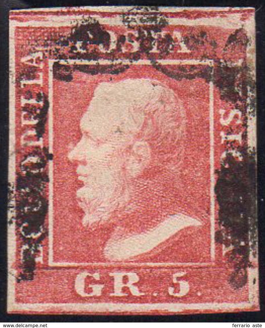 1859 - 5 Grana Rosa Carminio, I Tavola, Ritocco N. 5 (9), Usato, Perfetto. Molto Fresco! Cert. Colla... - Sicilia