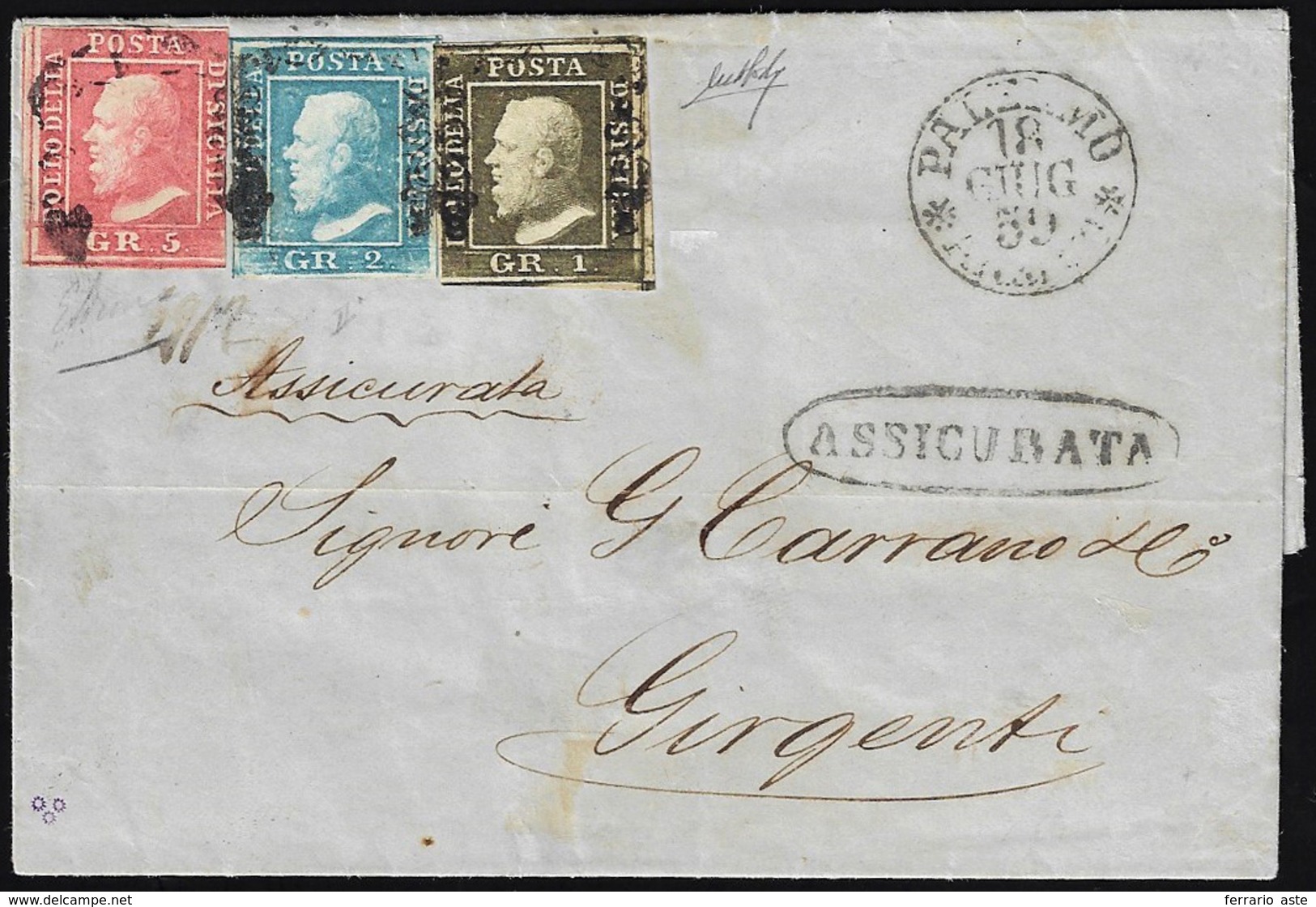1859 - 5 Grana Rosa Carminio, I Tavola, 1 Grano Verde Oliva Scuro, III Tavola, 2 Grana Azzurro, II T... - Sicily