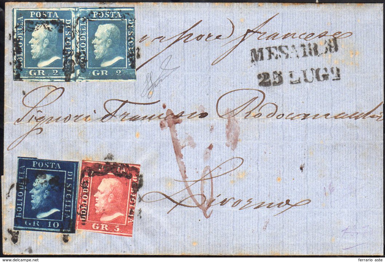 1859 - 5 Grana Rosa Carminio, I Tavola, 2 Grana Cobalto, II Tavola, Coppia E 10 Grana Azzurro Cupo (... - Sicily