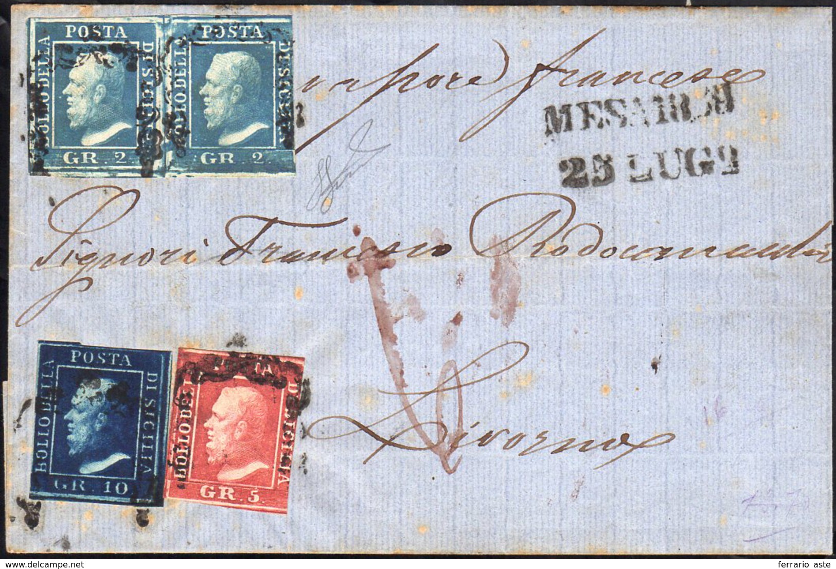 1859 - 5 Grana Rosa Carminio, I Tavola, 2 Grana Cobalto, II Tavola, Coppia E 10 Grana Azzurro Cupo (... - Sicilia