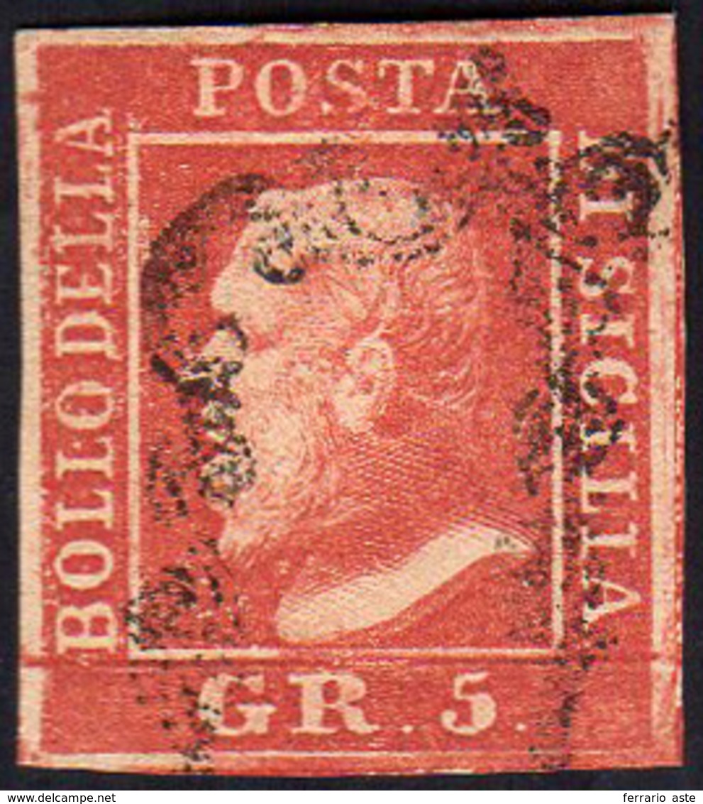 1859 - 5 Grana Rosa Vermiglio, I Tavola, Pos. 52 (9e), Usato, Perfetto. Raro Colore. Cert. Cardillo.... - Sicily