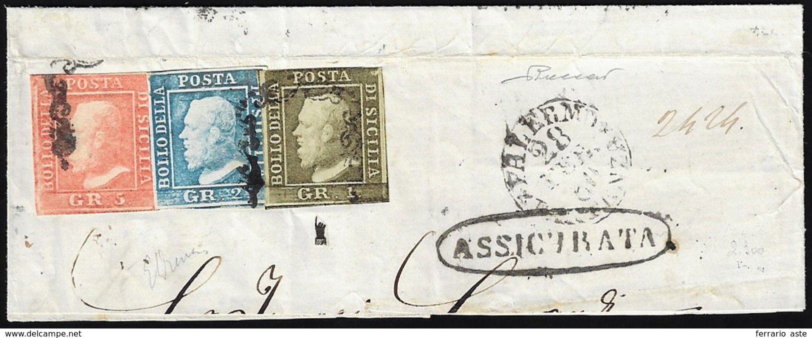 1859 - 5 Grana Vermiglio Chiaro, I Tavola, Pos. 36, 1 Grano Verde Oliva, III Tavola, Carta Di Palerm... - Sicily