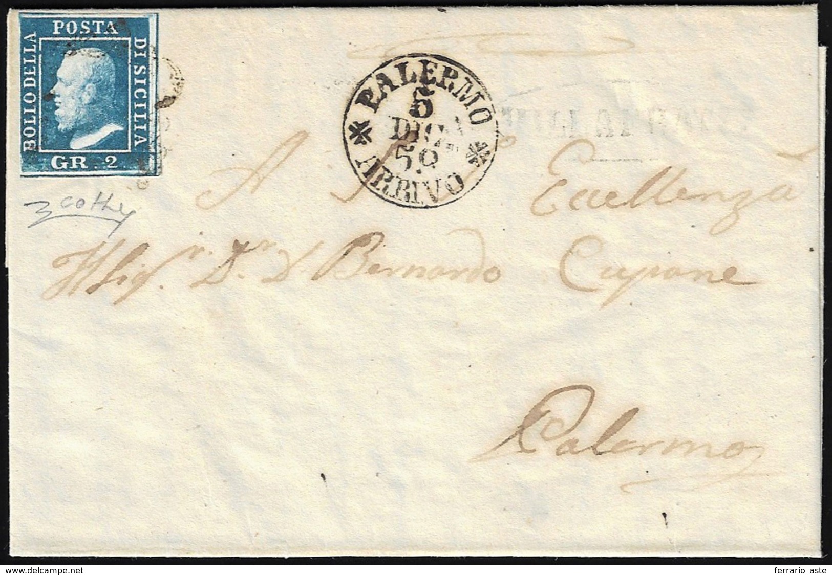 VILLAFRATI, Punti R1 - 2 Grana (8c), Giusto A Sinistra, Su Lettera Del 4/12/1859 Per Palermo. Annull... - Sicily